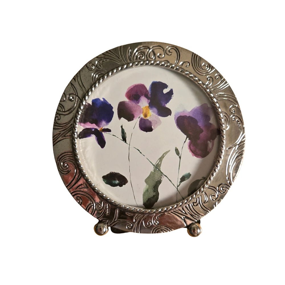Round Silver Ornate Scrollwork Floral Photo Frame Tabletop Pansy watercolor 4" - Picture 1 of 6